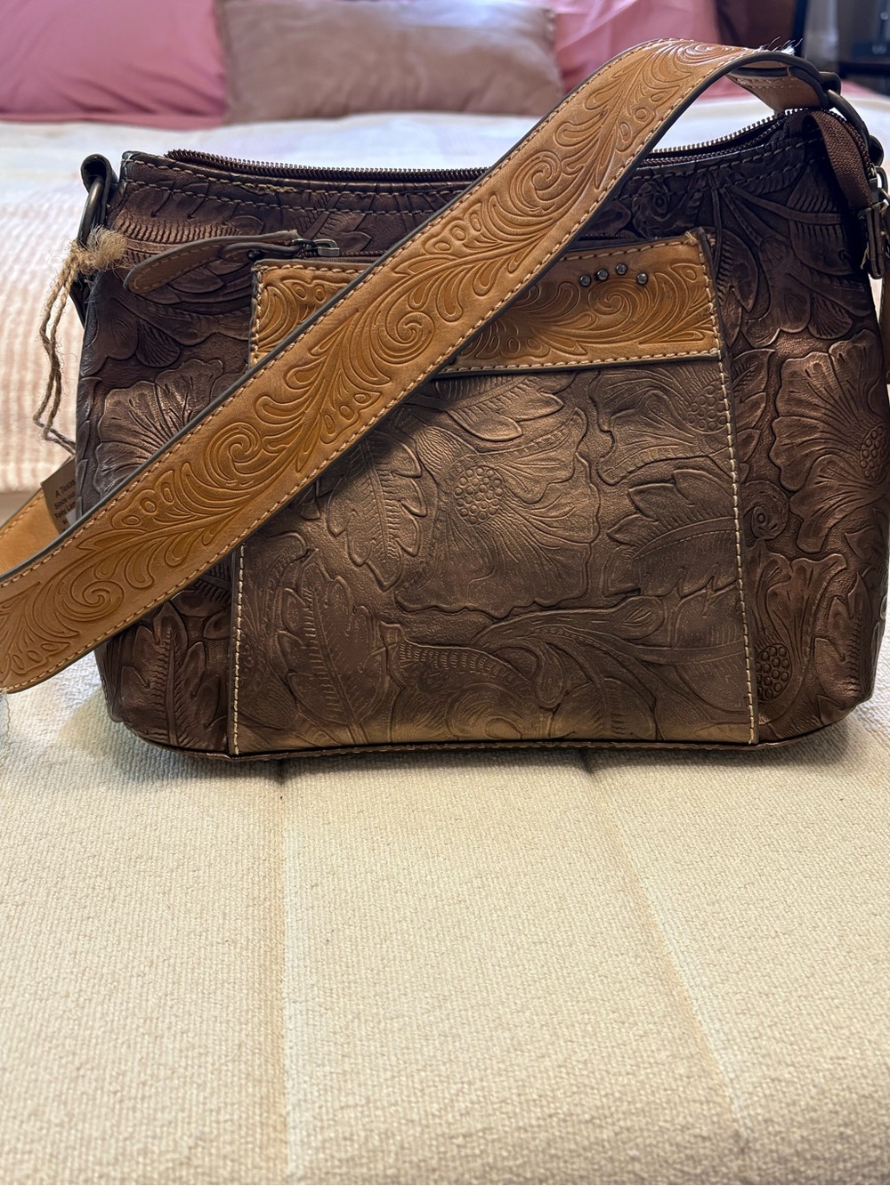 Tony Lama Tooled Leather Shoulder Bag in Brown and Tan